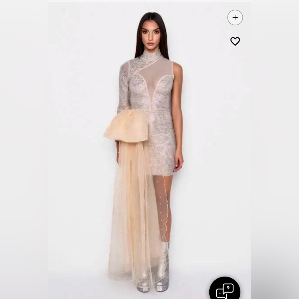 Crystal Rhinestone Nude Illusion Dress w/ Pearl Tulle Train One Shoulder Glam